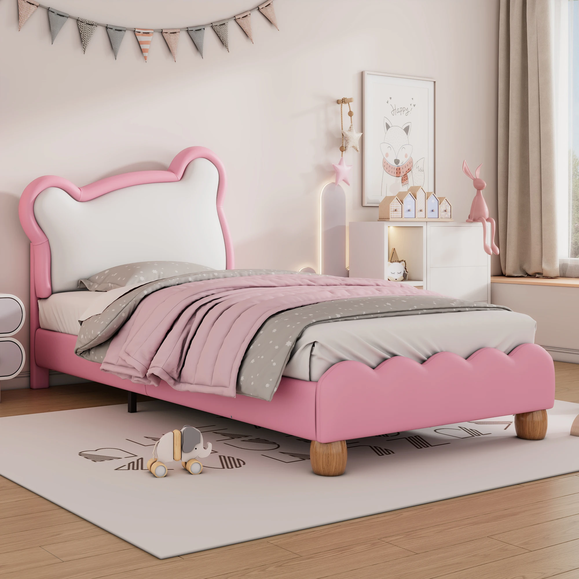 90x200 cm Single bed Children bed Youth bed Padding bed bear head part wood Pu Pu PX pink