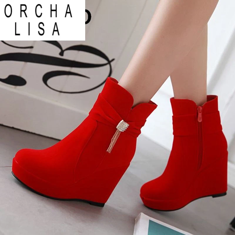 

ORCHA LISA Сексуальные красные женские ботильоны с круглым носком на танкетке, высокий каблук 11 см, флоковая замша, большой размер 42 43 Женские свадебные ботильоны