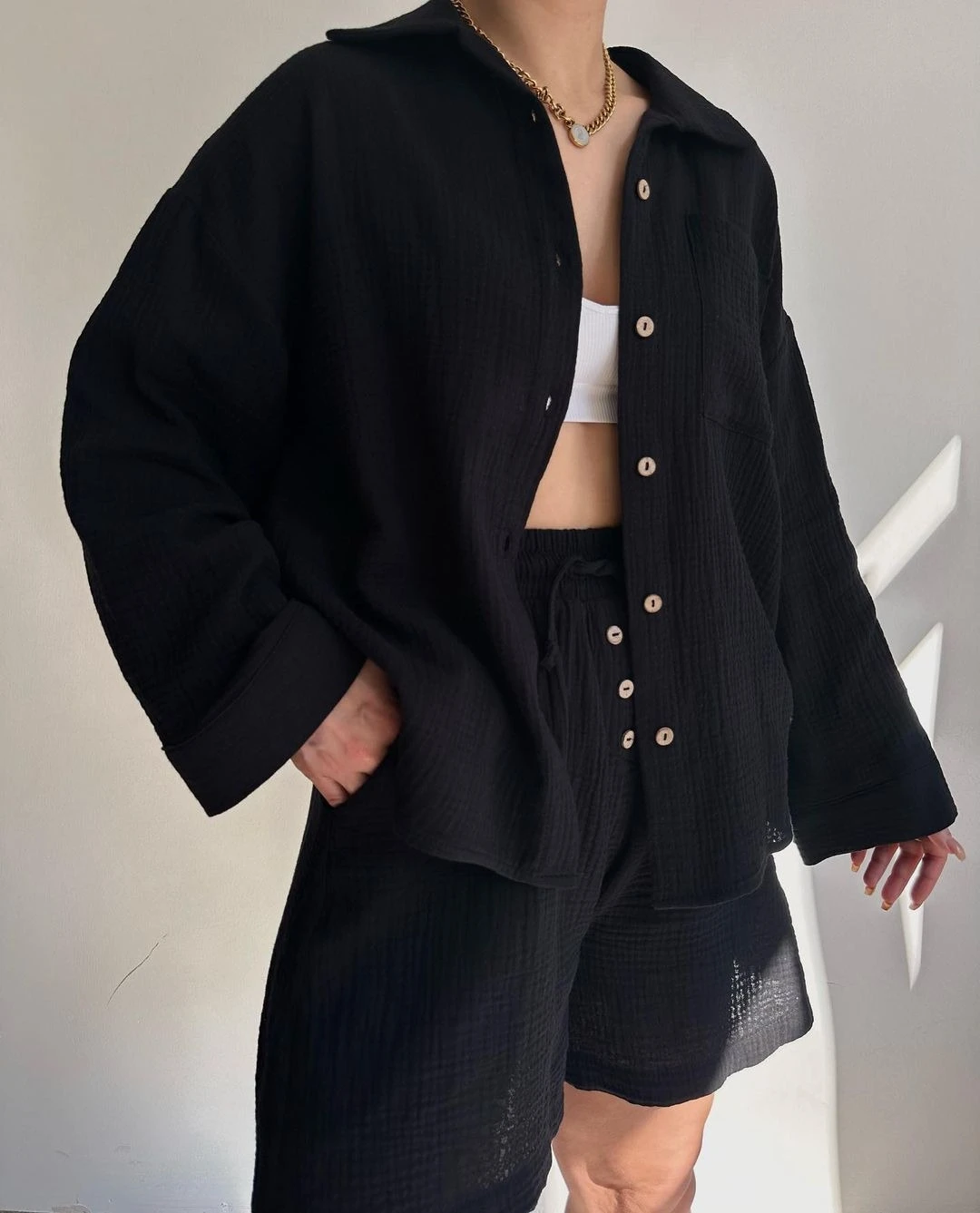 Conjunto de dos piezas de algodón largo Sve plisado irt Dstring orts, colección de primavera Faion para mujer, ropa informal con cierre de botón