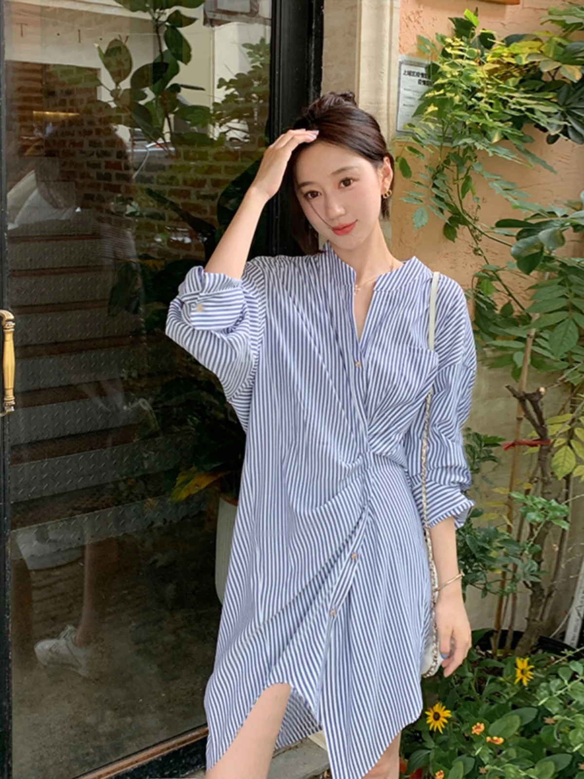 French Elegant Dark Blue Striped Shirts Dress Asymmetric Button Up V-neck Long Sleeve Loose Mid Length Office Lady Korean Style
