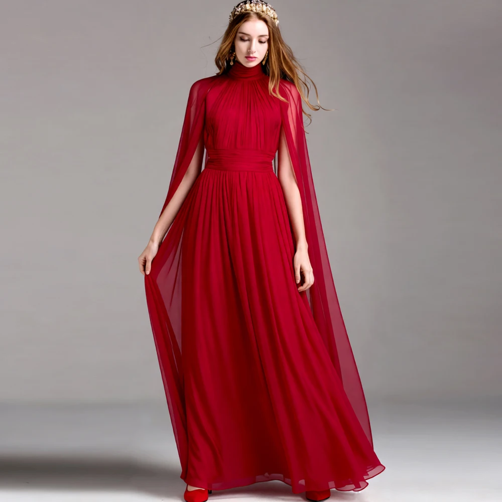 Red High Neck Cape Maxi Dress for Women - Elegant Floor Length Gown with Pleated Bodice & Sheer Long Sleeves Prom Vestidos