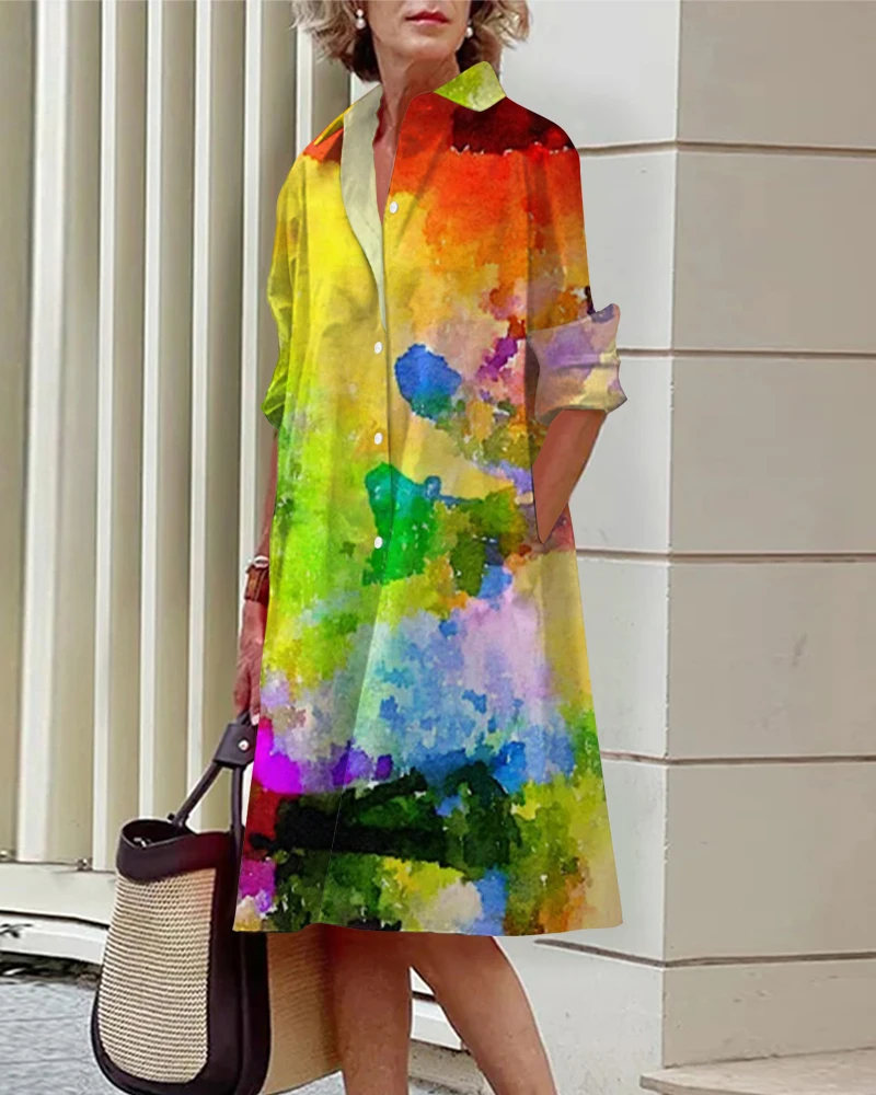 Women's Lapel Long-Sleeved Shirt Large Size Knee-Length Skirt Dress Watercolor Print Breathable Comfortable Spring And Summer