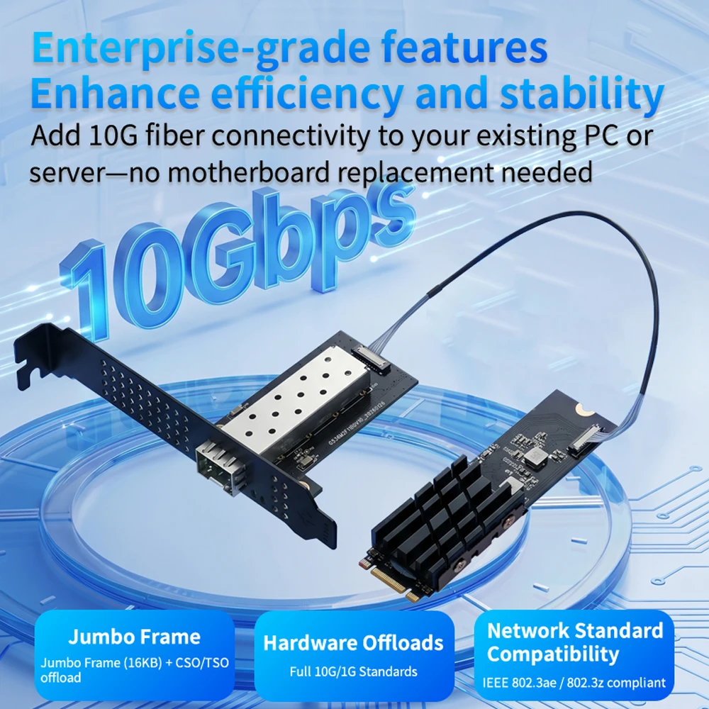 M.2-10G SFP+ 어댑터 RTL8127ATF 10GbE 광섬유 NIC PCIe 3.0 X2 저전력 1.79W NAS 서버용 썸네일 6