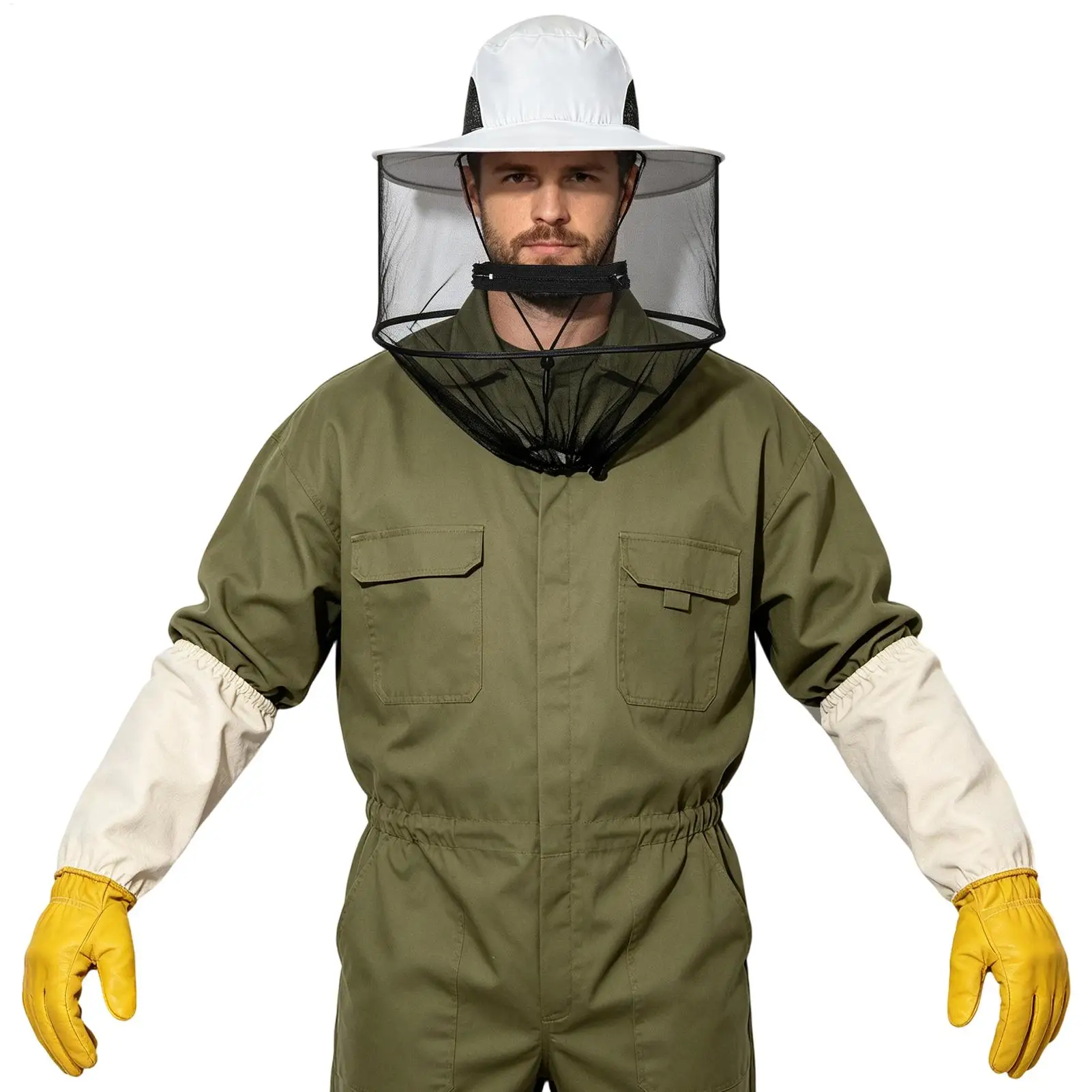 Beekeeping Tools White Bee Hat With Gloves Anti Bee Hat Bee Care Protective Hat bee Clothing Bee Hat Bee Equipment And Supplies view 2