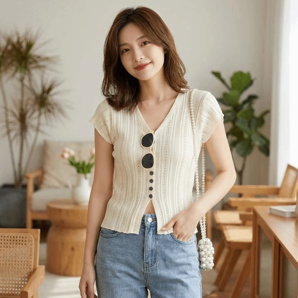 Elegant Solid Color Ice Silk Knitted Cardigan V-Neck Hollow Short Sleeves Tees T-Shirt Women