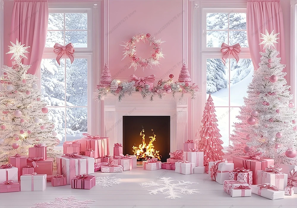 Pink Christmas Photography Backdrop Xmas Tree Fireplace Gifts Box