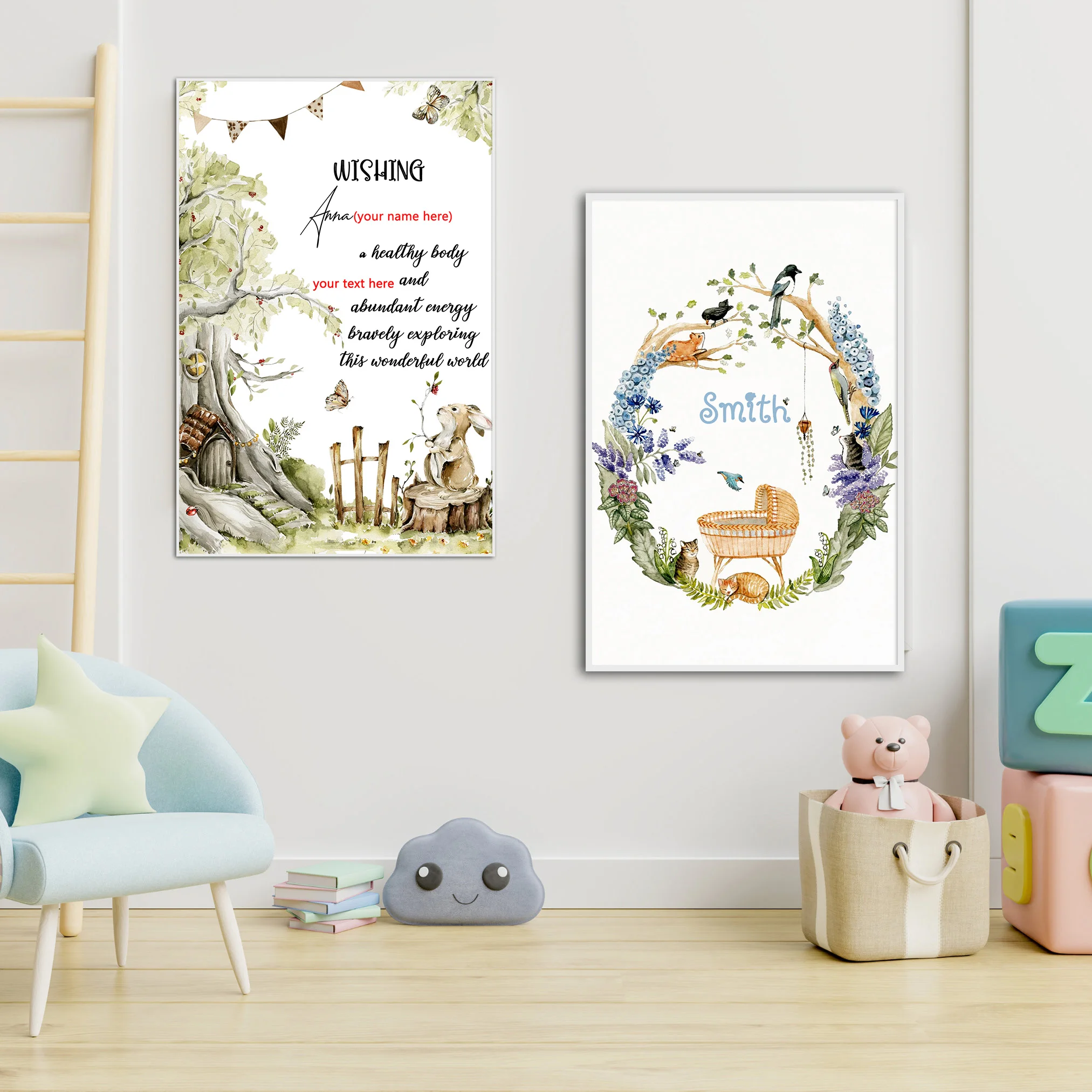 

Green Forest Small Animals Painting Customizable Name And Text Personalized Wall Art Canvas Poster Print Nursery Kids Room Decor