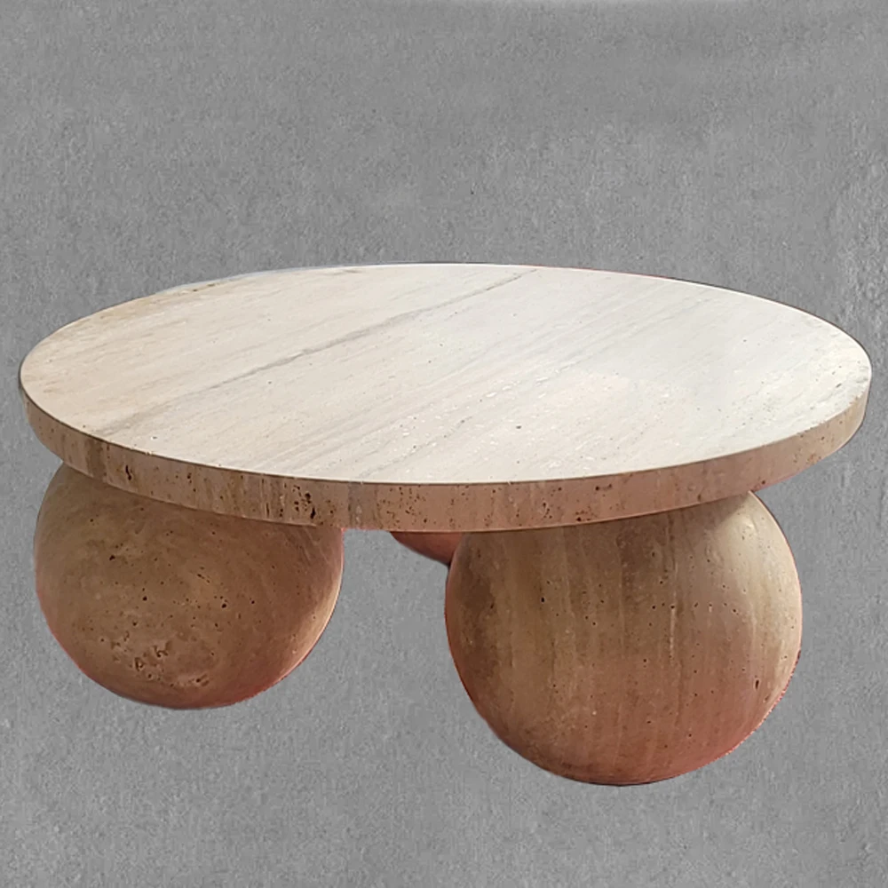 Home Furniture Round travertine stone coffee table with 3 round bowl