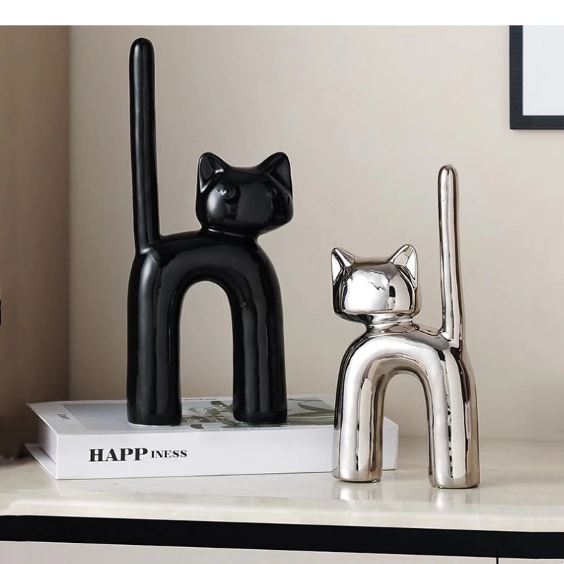 Ceramic Crafts Abstract Cartoon Kitten H Shape Black and White Porcelain Animal Sculptures Home Decoration