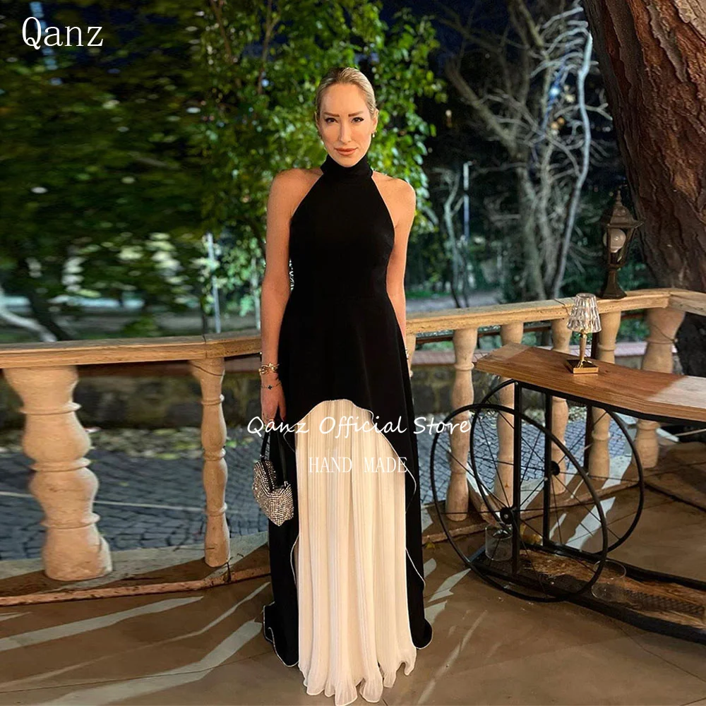 

Qanz Saudi Arabia Black Evening Dresses Halter Neck Formal Occasion Dresses Glitter Long Vestido Coctail Mujer 2024 Customized