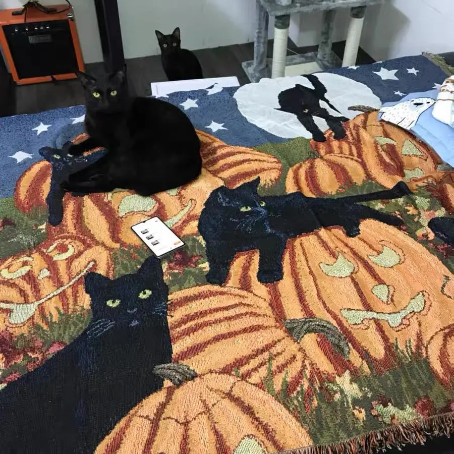 Textile City Halloween Pumpkin Cat Tassel Throw Blanket Retro Ins Style Luxury Home Decoration Soft Cover Thick Picnic Mat