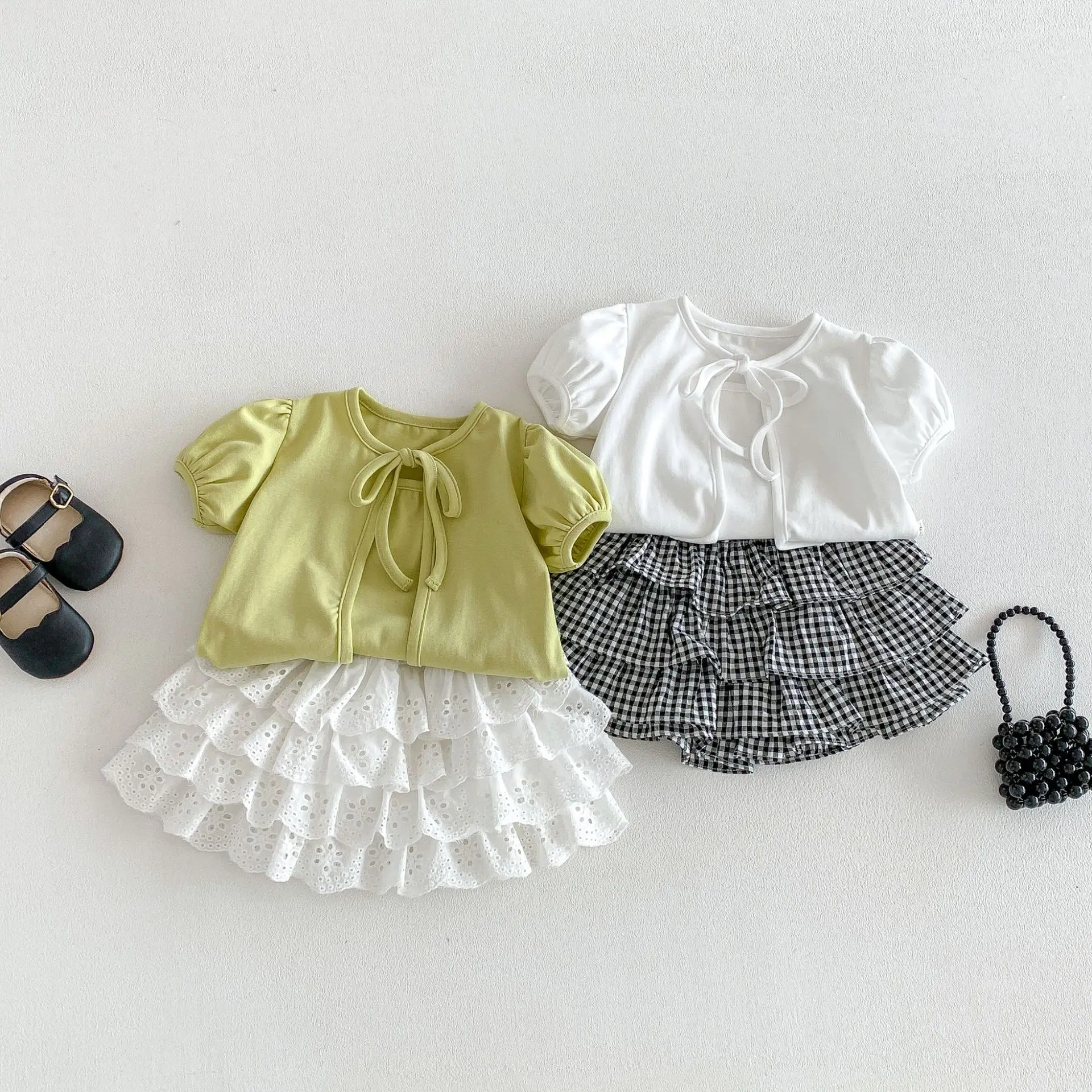 2026 Summer New Girls Simple Sling Vest + Short Sleeve Cardigan 2pcs Suit Solid Baby Girl Sweet Tops Set Toddler Cotton Clothes