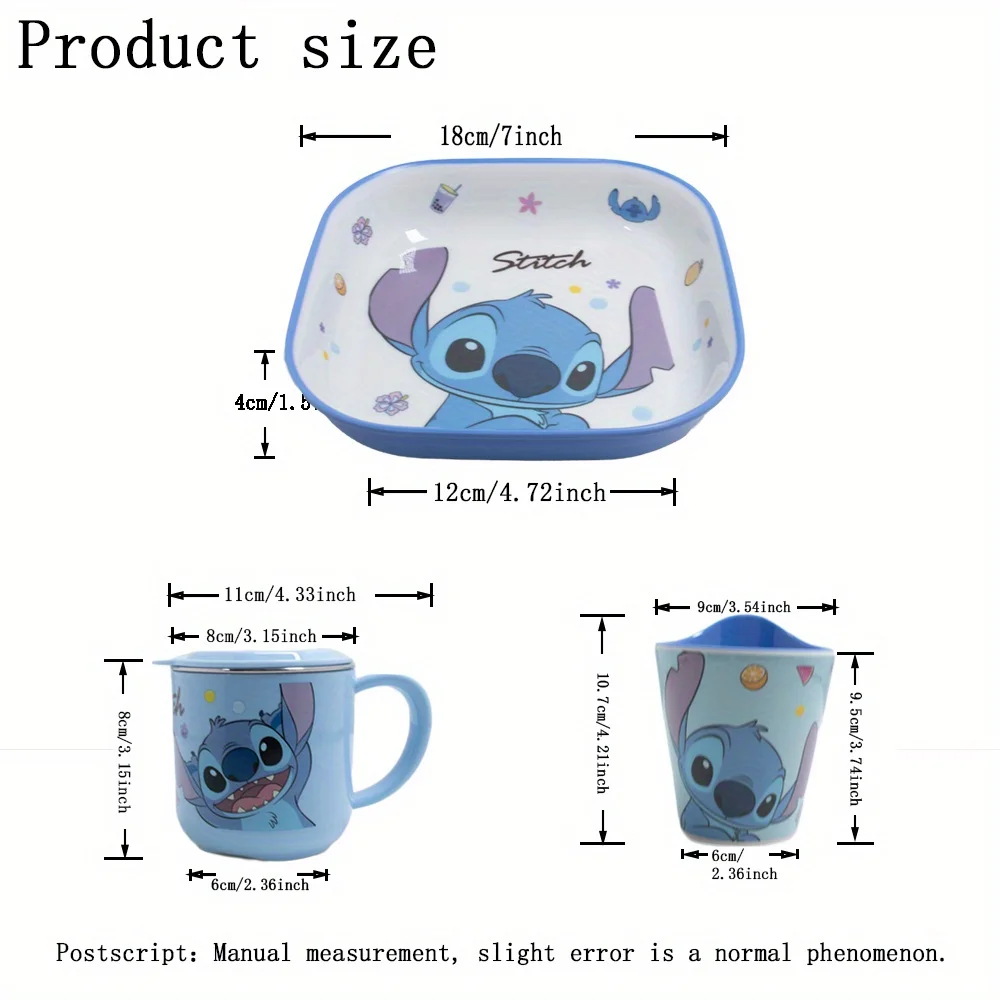1pc Disney Cartoon Stitch tableware set includes plates, bowls, cups, forks and spoons, cute and fun tableware, family dinner