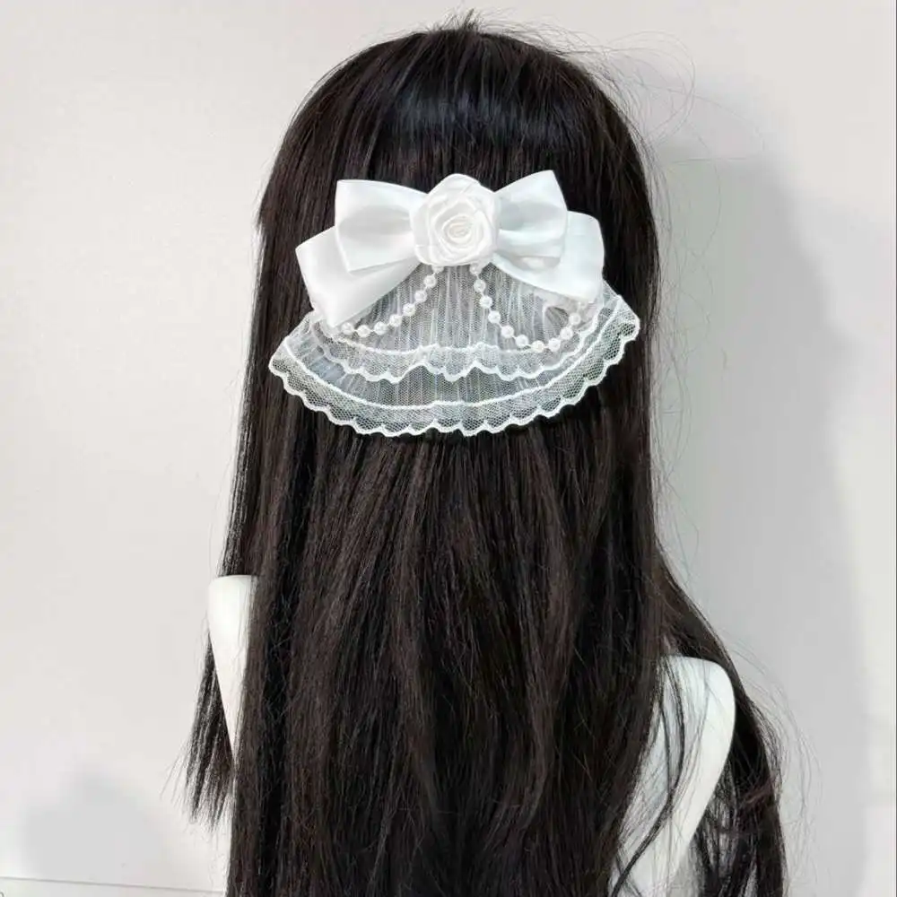 Subculture 흰색 레이스 메쉬 원사 활 머리 클립 달콤한 로리타 소녀 프랑스어 진주 장미 빈티지 머리핀 모자를 쓰고 있죠 헤어 액세서리