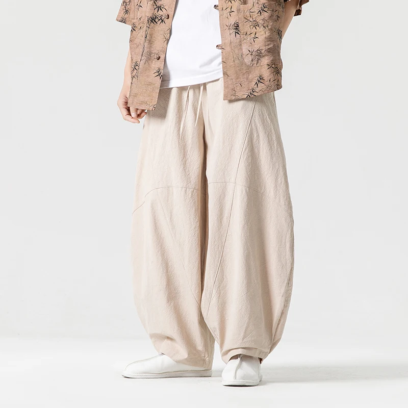 2026 Spring Autumn Men Retro Harajuku Pants Men Casual Wide Leg Bloomers Trousers Men Loose Linen Harlan Pants Male Cotton Pants