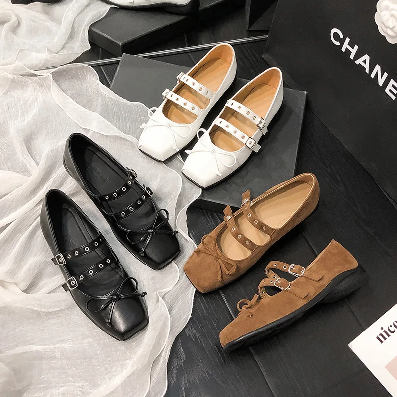 

Женские балетки на мягкой подошве с бантом, туфли Мэри Джейн с квадратной головкой, 2025 г.