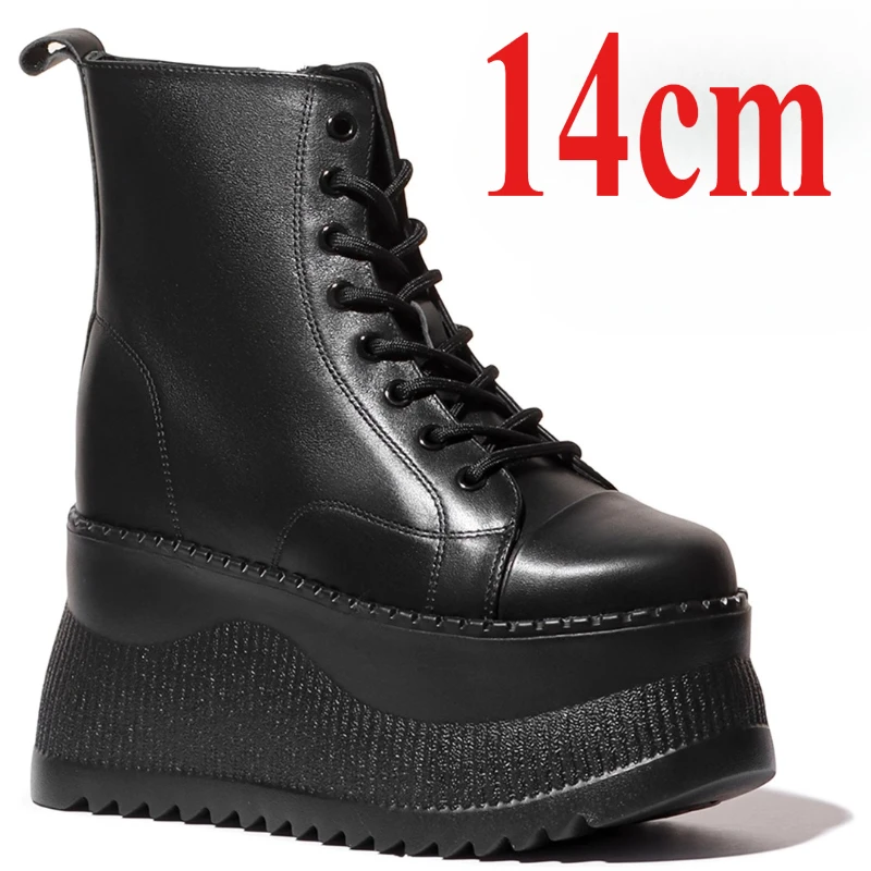 British 16cm Height Increasing Boots Shoes for Women's Spring/Autumn Genuine Leather Side Zipper Design Thick Soled Short Boots