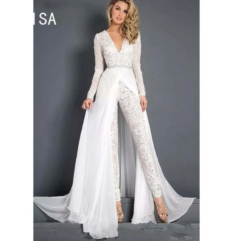 Robe de mariée en mousseline de soie avec fermeture éclair, combinaisons avec surjupe, modeste, col en V, manches longues, ceinture perlée, robe de plage décontractée, patients, 2024