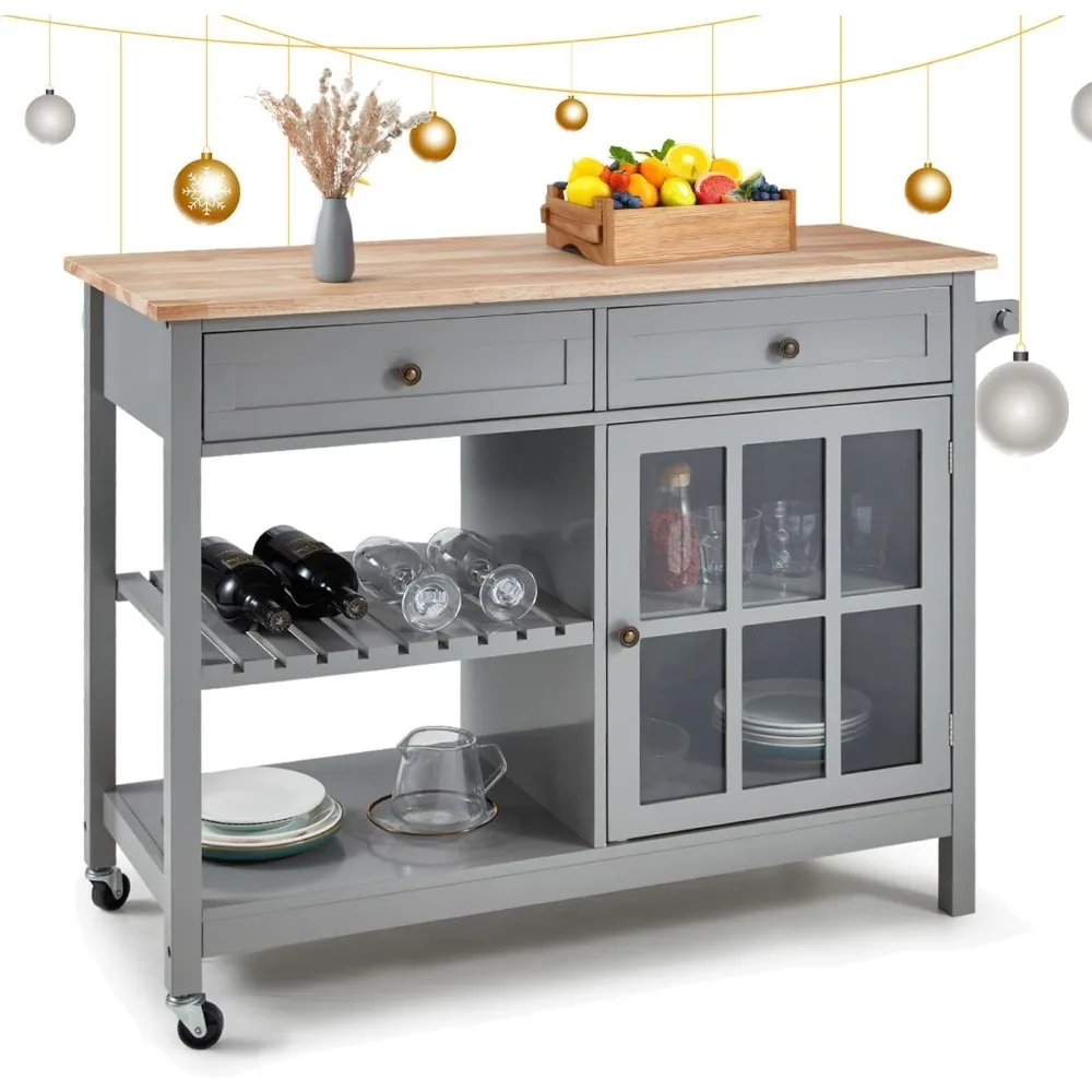 

Kitchen Island Cart on Wheels, Rolling Storage Cabinet Station with Solid Wood Top, 2 Drawers, Towel Rack,