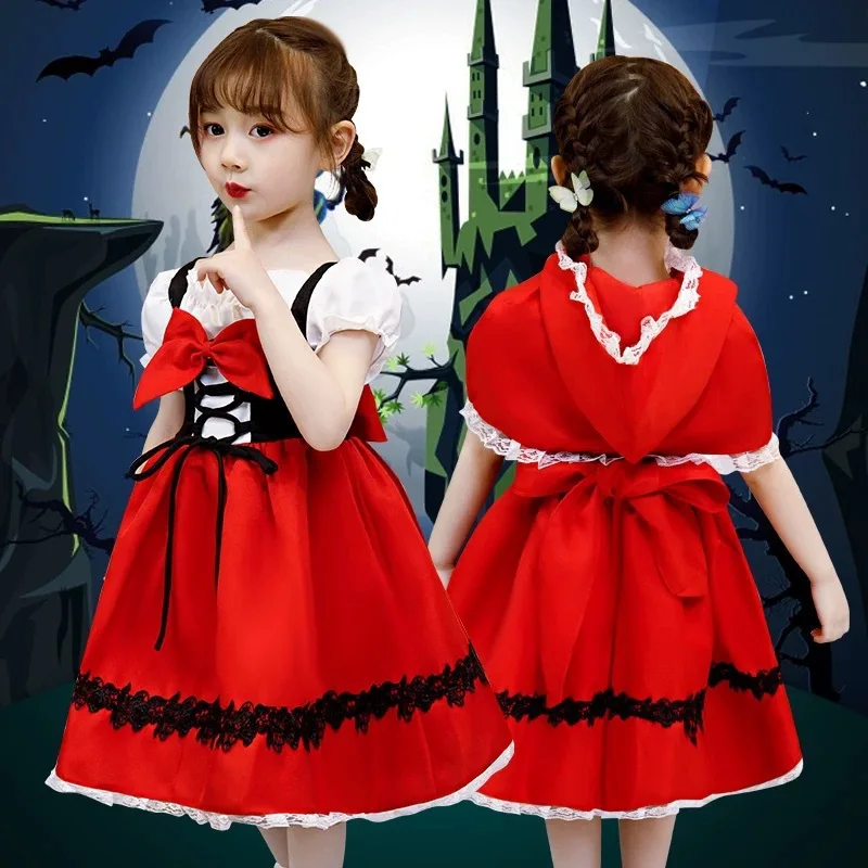Little Girls Little Red Riding Hood Halloween Outfit Lace Dress Cosplay for Carnival Birthday Party Theme Performance Dress‑Up
