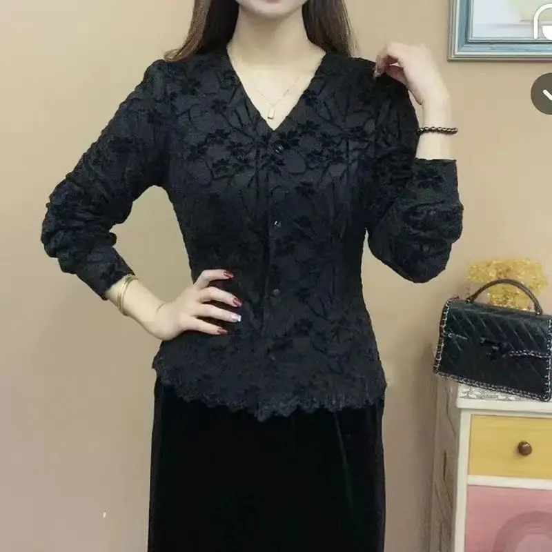 Women\'s Clothing Lace Elegant Single Breasted Cardigan Korean Fashion V Neck Long Sleeve Office Lady Blouses Solid Slim Fit Tops