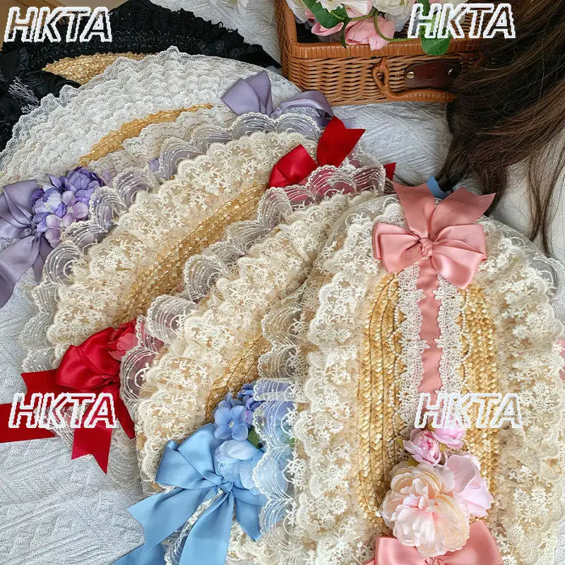 

Pastoral Sweet Lace Bow Ribbon Flower Flat Hat Straw Hat Hairpin Elegant Lolita Bnt Cap New Headwear Apparel Accessories Women