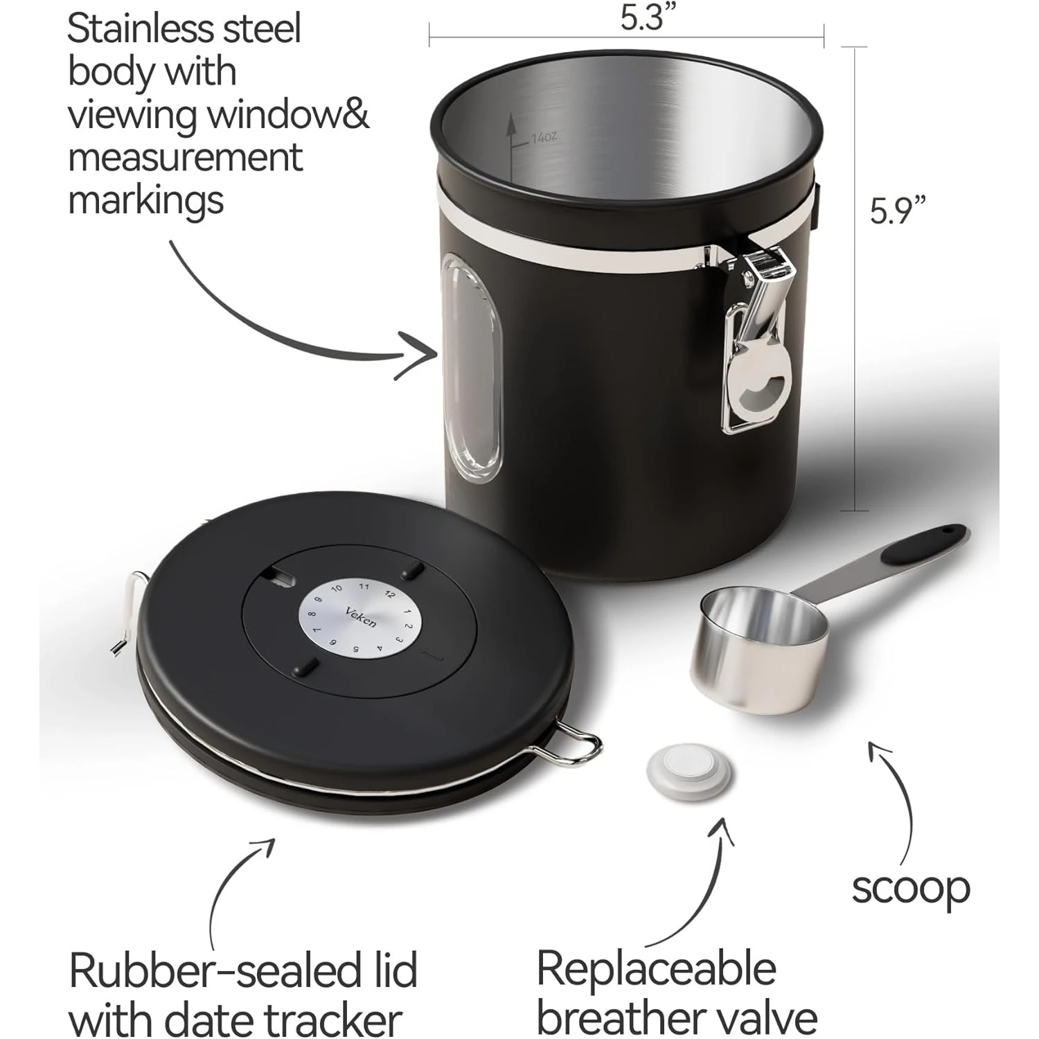 Coffee Canister with Window, Airtight Stainless Steel Kitchen Food Storage Container with Lids, Date Tracker and Scoop