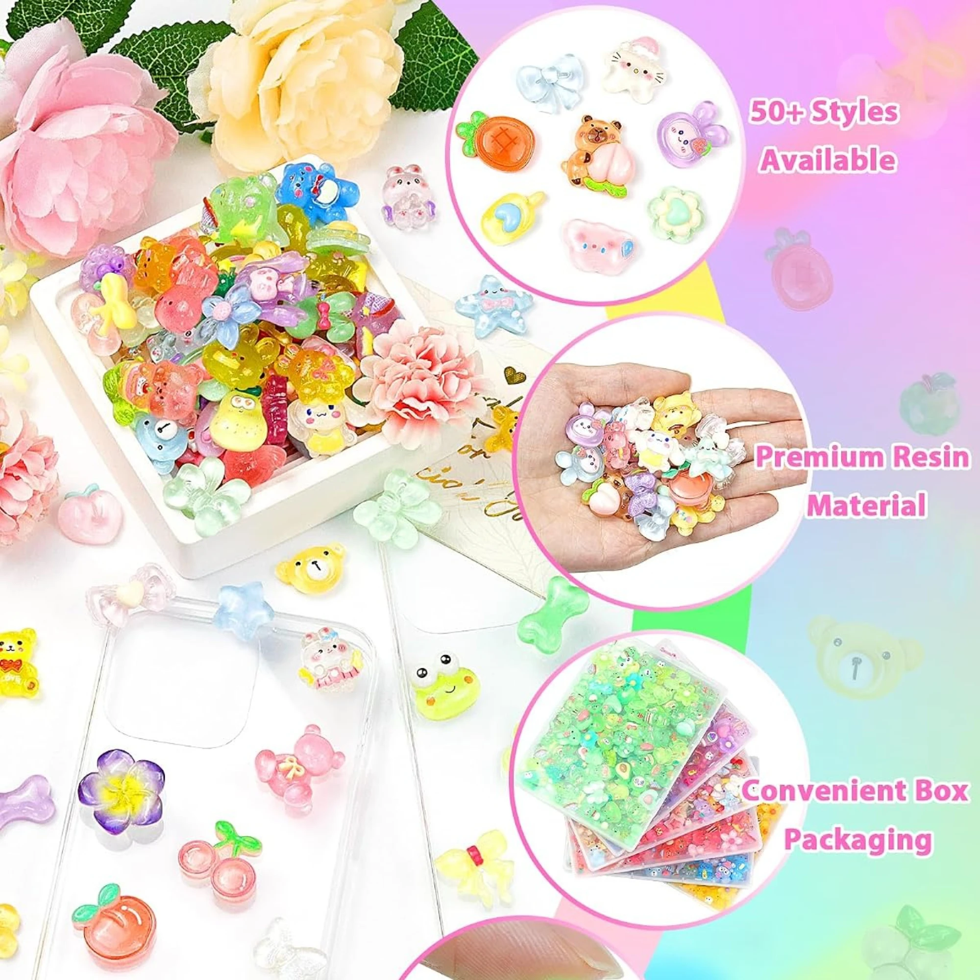 Kawaii Harz-Glitzer-Designs, leichte Ornamente, 100/200/300 Stück, DIY-Handyhüllen, Nagelschmuck, Bastelzubehör – Detail 3