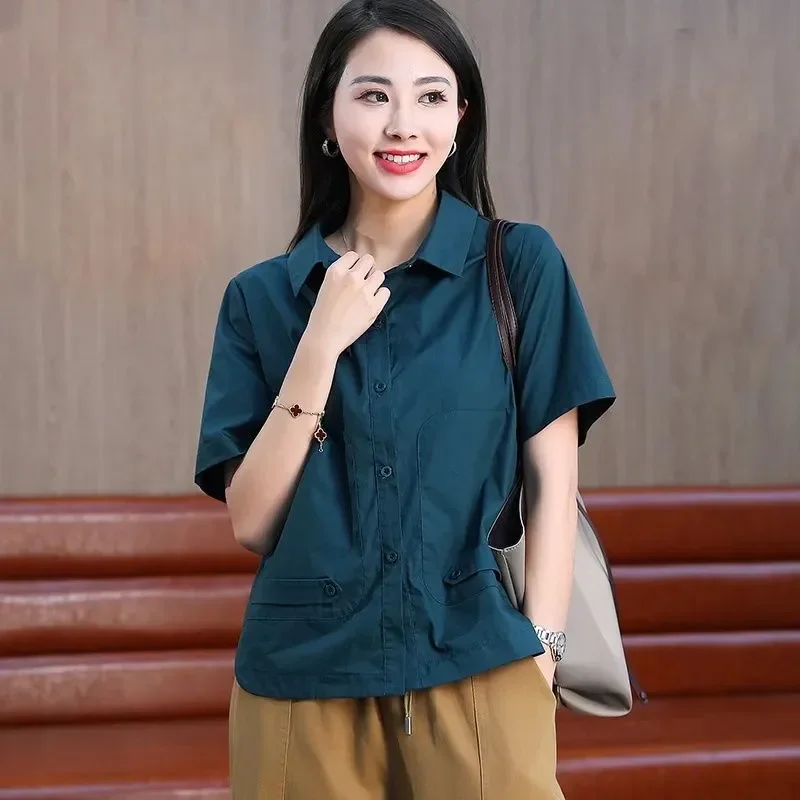

Women's Cotton Short Sleeve Shirt Loose Solid Color Casual Summer Blouse