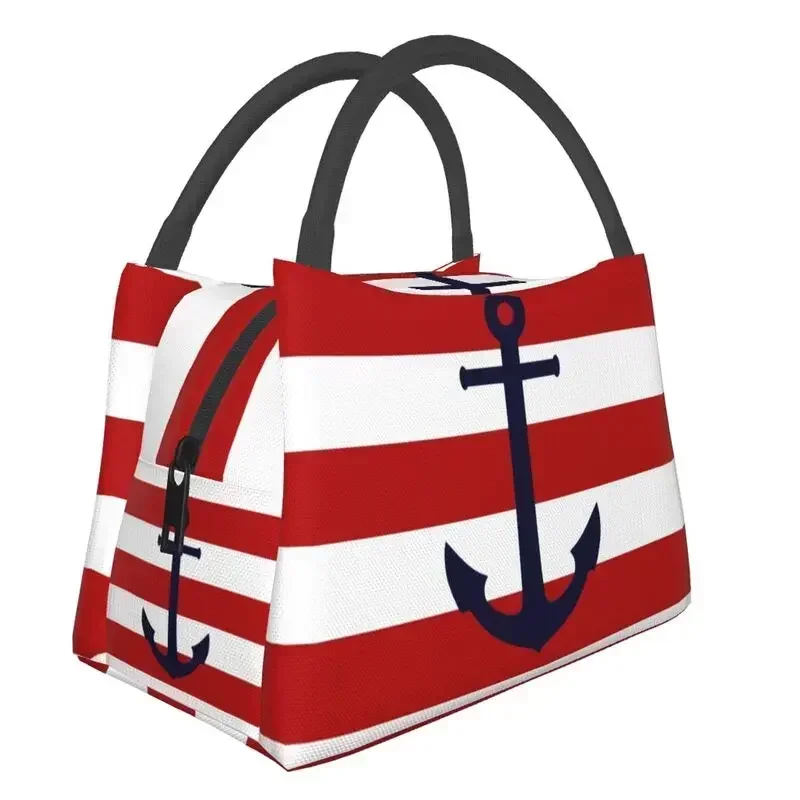 

Nautical Navy Blue Anchor On Red Stripes Portable Lunch Box Leakproof Sailing Sailor Thermal Cooler Food Insulated Bag