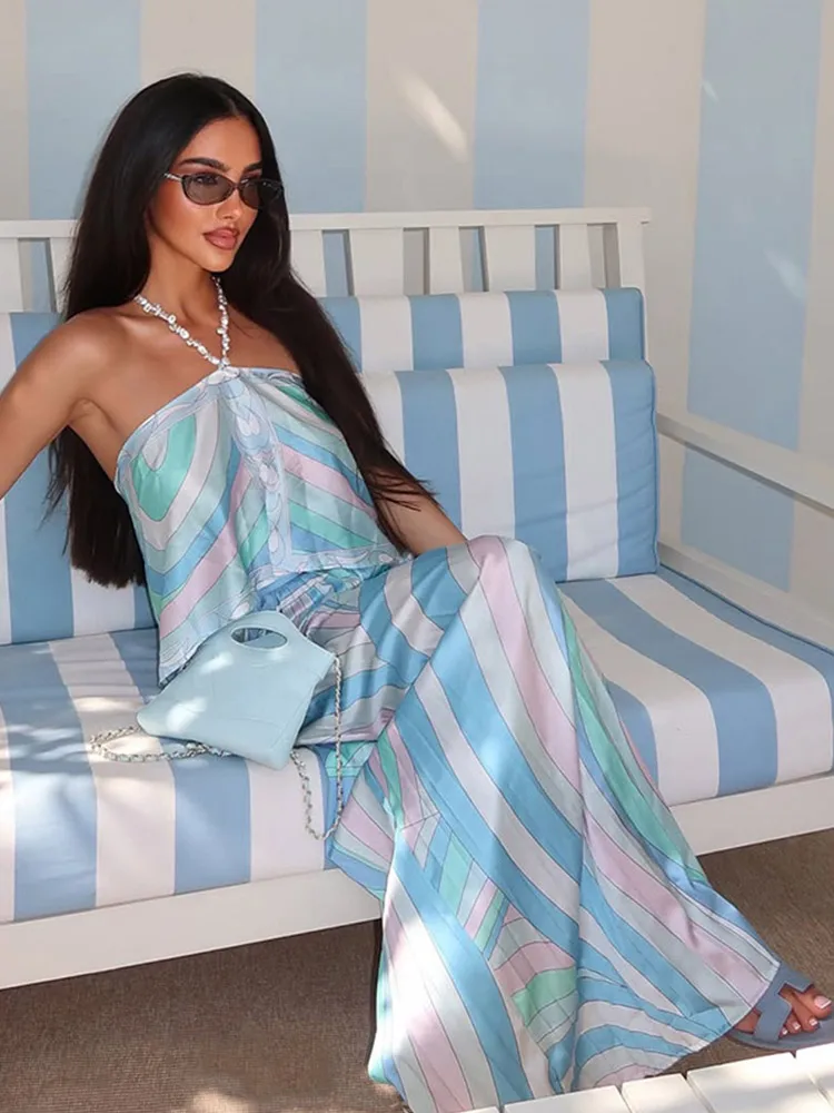 Bedruckte Neckholder-Crop-Tops und Weite Hosen Sets für Damen, Sexy Ärmellose Rückenfreie Oberteile, Plissierte Hosen, Schicke Strandmode, Neu – Detail 9