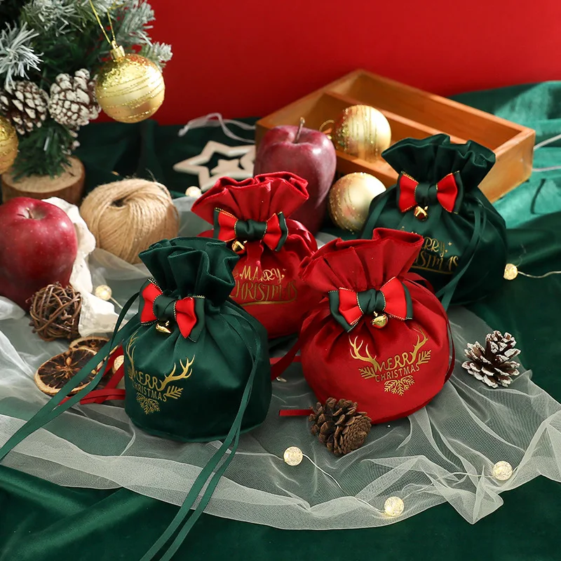 Velvet Jewelry Pouch Christmas Elk Drawstring Bag for Gift Packaging Christmas Accessories Storage