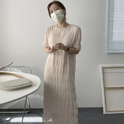 여름 드레스 한국 스타일 여름 드레스 원피스 긴 소매 루즈핏 반소매 라운드넥 캐주얼 여유로운 드레스 원피스 드레스