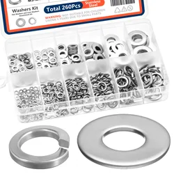 260Pcs Lock and Flat Washer Assortment Kit Stainless Steel M3 M4 M5 M6 M8 M10 Spring Lock Washers and Flat Washers Set