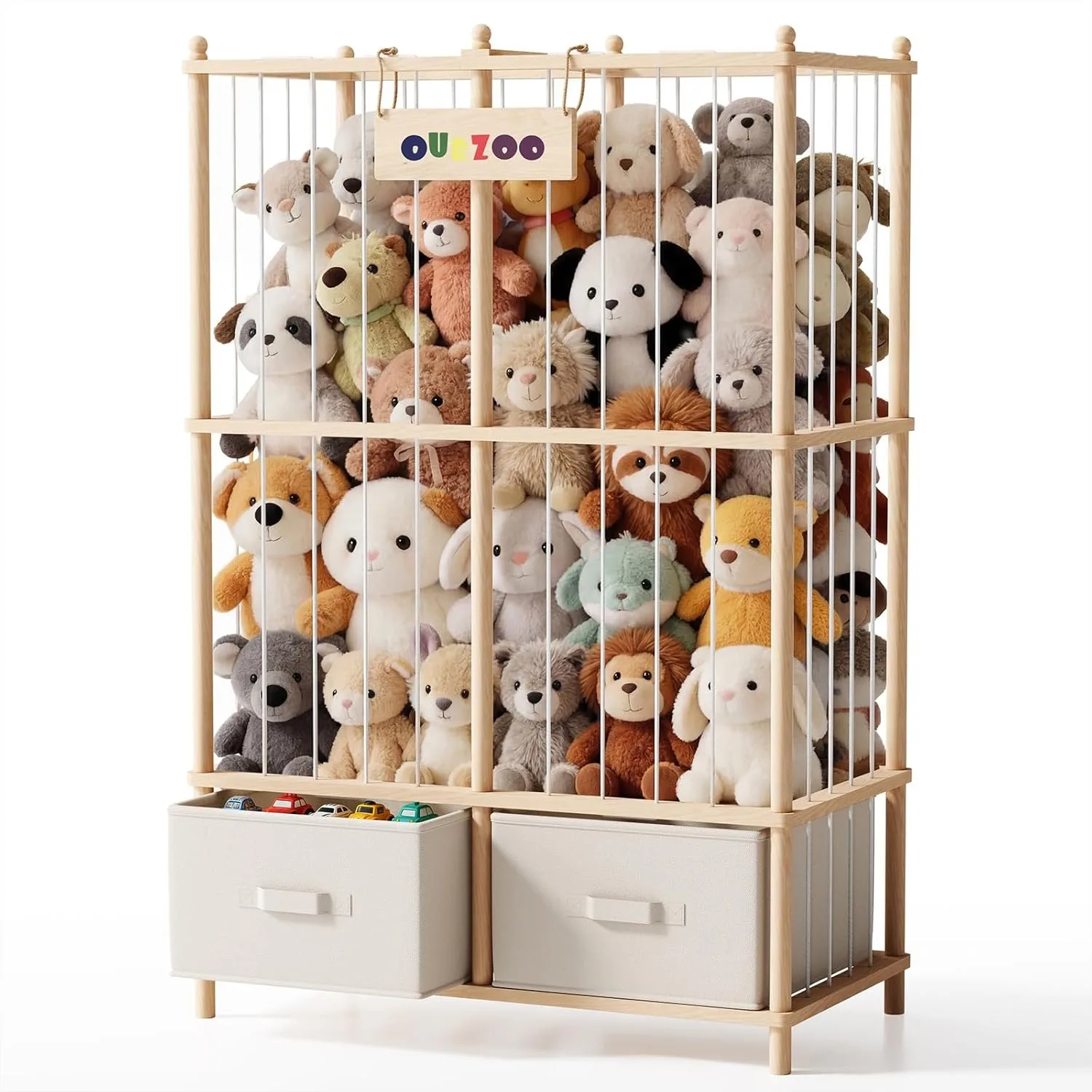 

Large Stuffed Animal Storage Organizer with Wooden Frame, 3-Tier Plush Toy Holder for Toddler Rooms, Nursery & Playrooms