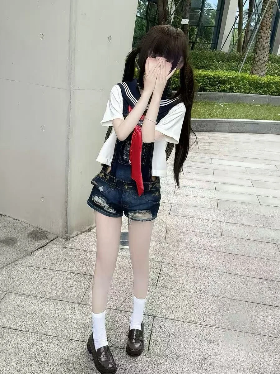 

Новый JK orm Basic White Tee-Button ort Sve Sailor Suit Student Versatile School Sle Top ort Length Faion Set