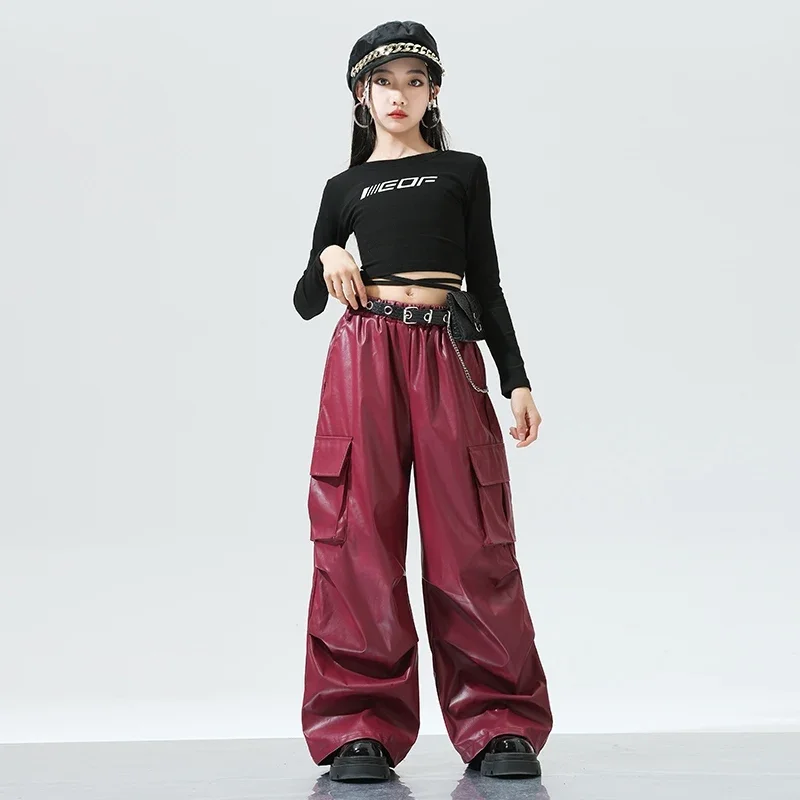 معطف أحمر بنطال جلدي أزياء رقص الجاز أداء Kpop الزي للأطفال الحفل مرحلة الملابس الفتيات المدرج عرض الملابس