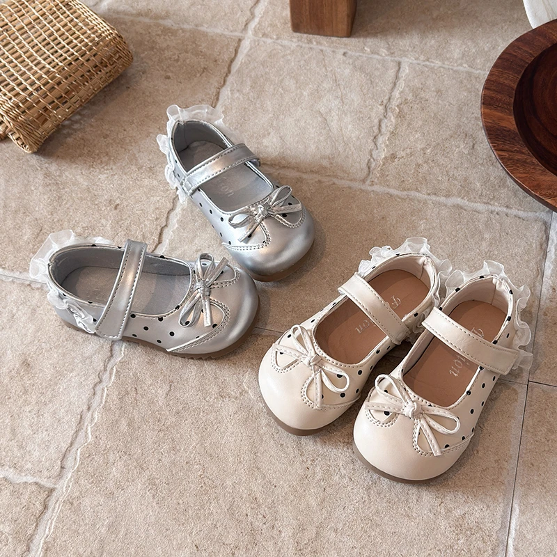 Girls' Polka Dot Bowknot Round Toe Leather Shoes Korean Style Lightweight Soft Soled Princess Shoes Children's Shoes Size 21-30