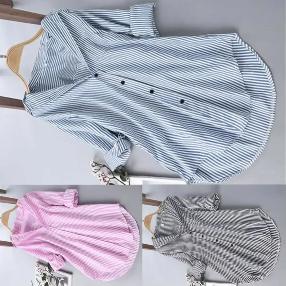 

2025 женская рубашка в полоску с длинными рукавами и v-образным вырезом средней длины с отложным воротником и пуговицами, свободная посадка, повседневная женская блузка, топ, повседневная одежда