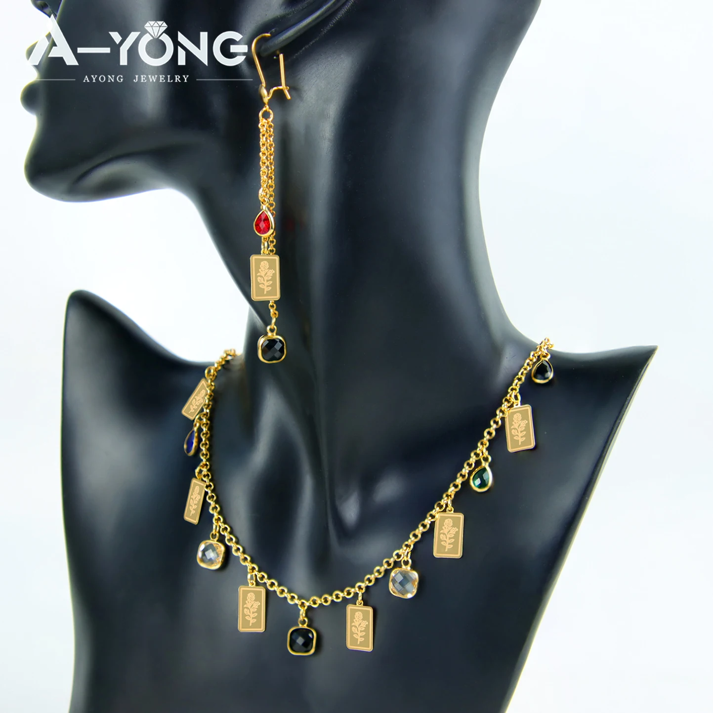 Nigerianisches Brautschmuck-Set 21k Vergoldet Arabische Farbige Quadratische Zirkonia-Halskette Algerischer Islamischer Modeschmuck für Frauen – Detail 6