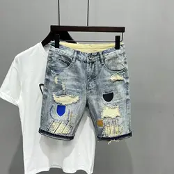 New Arrival 2023 Summer Washed Men's Casual Denim Shorts Stylish Cat WhiskerCowboy Ripped Distressed Patched Skinny Short Jeans