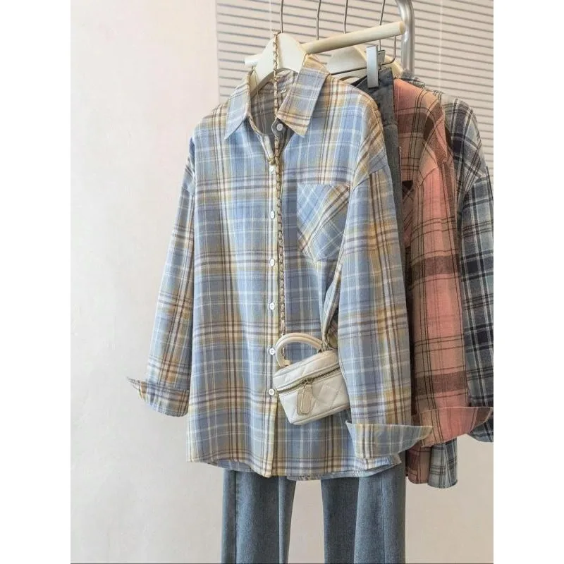 حجم كبير أزياء المرأة خمر كم طويل زر متابعة منقوشة قميص امرأة الموضة العصرية شارع العليا بلوزة فضفاضة قمم