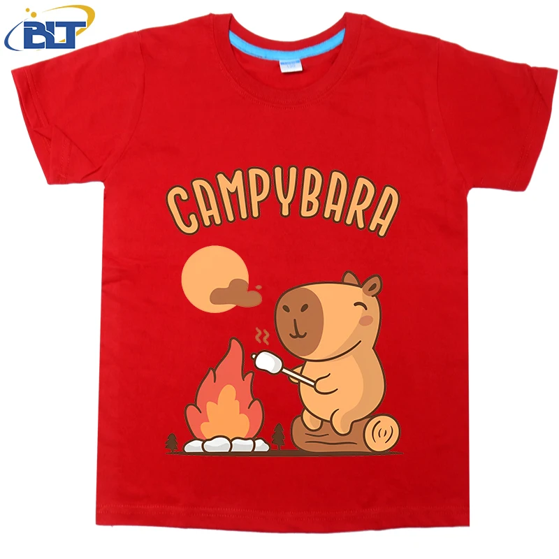 Campybara-camiseta estampada fofa para crianças, algodão, manga curta, tops casuais para meninos e meninas, verão