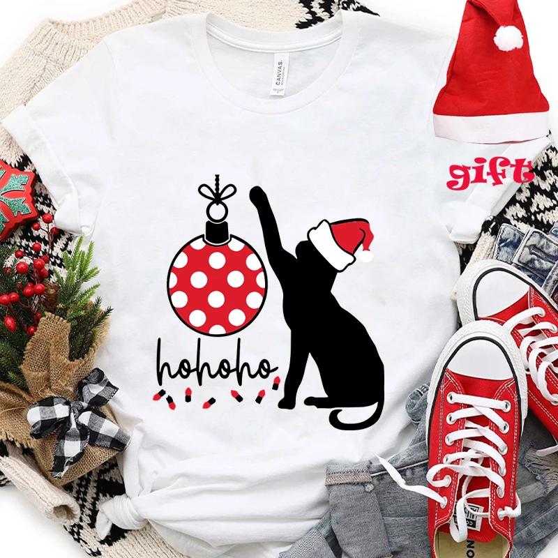 Funny Merry Christmas Print Women's Party T-shirt Fashion Short Sleeve Tees Casual Xmas Harajuku Tops with Christmas Hats Gift