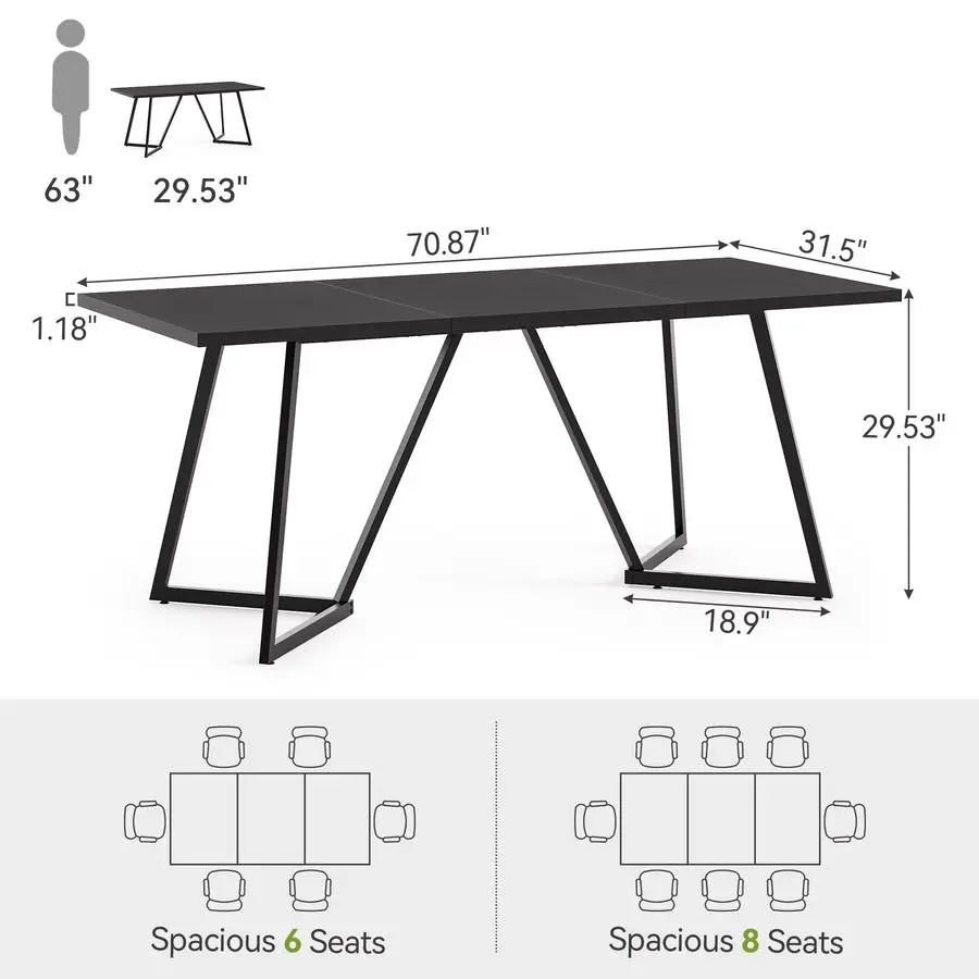70.86Inch Conference Table for 8, Black Conference Room Table with Metal Base, Modern 5.9 ft Rectangular Table for Boardroom, Me
