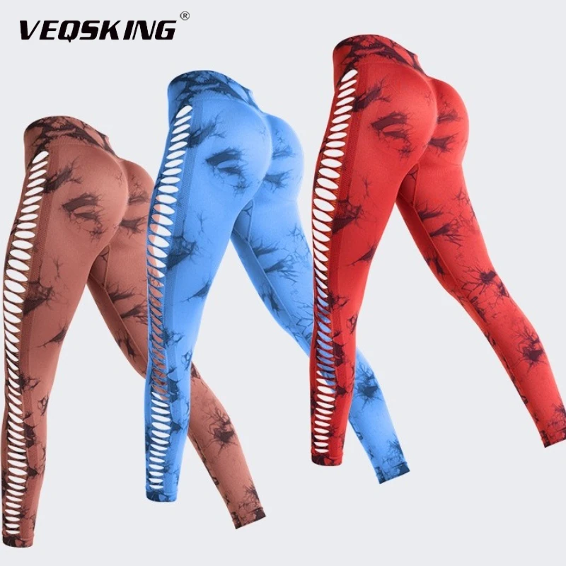 

VEQSKING New Women'sTie Dye Yoga Pants,High Waisted and Hip Lifting Seamless Tight Fitting Sports Style Hollow Out Fitness Pants