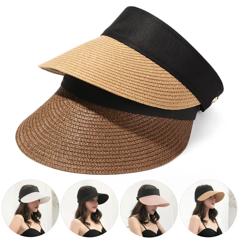 Fashion Summer Empty Top Sun Hat Portable Foldable Magic Tape Roll-up Beach Hat Wide Brim Straw Cap Women Casual Suncap Visors