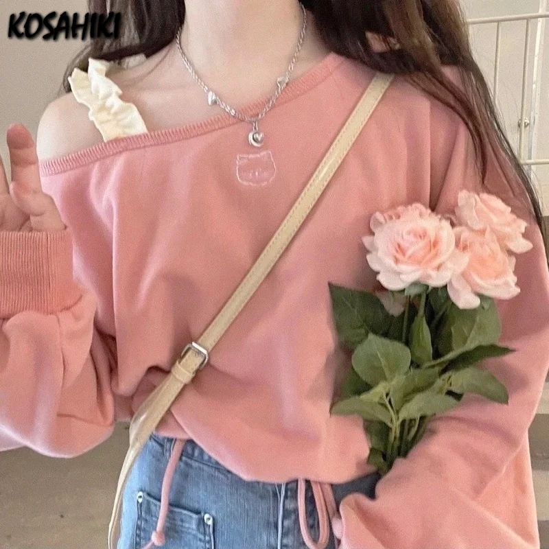 KOSAHIKI Sweet Pink Cropped Hoodies Y2k Clothes Women Cat Embroidery Off Shoulder Loose Drawstring O-neck Sweatshirt Japan Style