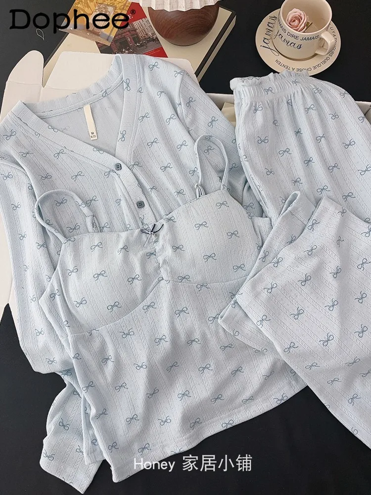 

Japanese Sweet Girl Comfortable Bow Long-sleeved Pajamas Skin-friendly Breathable Casual Suspender Loungewear Three-piece Set