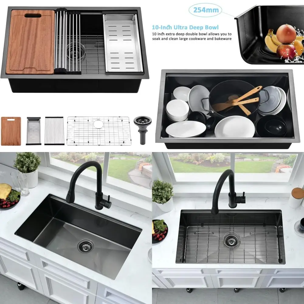 

33 Black Undermount Kitchen Sink - Bokaiya 33x19 Handcrafted 10 Deep 16 Gauge Stainless Steel Sink